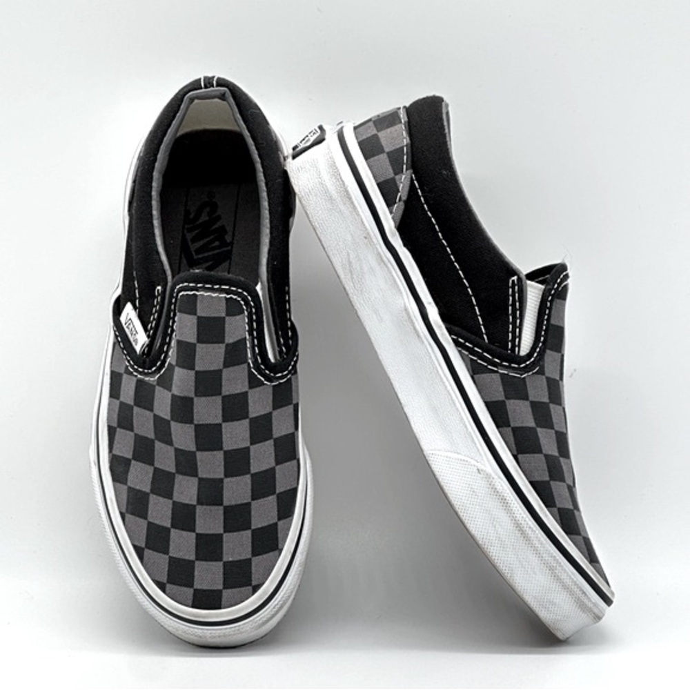 Vans Slip On Shoes Checkered Canvas Boys Size 13 Youth Black Grey Pewter Sneaker